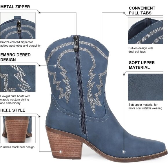 ⚡Women's Navy Blue Ankle Boot Embroidered Comfy Fashion Vintage Boot Wide Calf - Picture 2 of 5